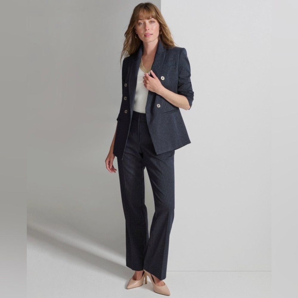 NWOT Tommy Hilfiger Navy Metallic Gold Pinstripe Double-Breasted Blazer Size 4 - Picture 2 of 10